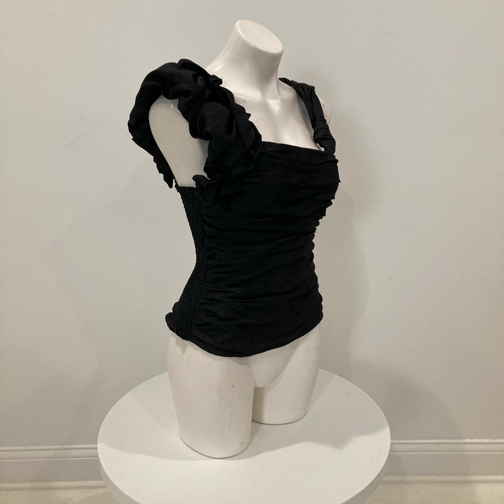 NWOT BEBE Black Ruched Organza Halter Top Ruffled Straps Small